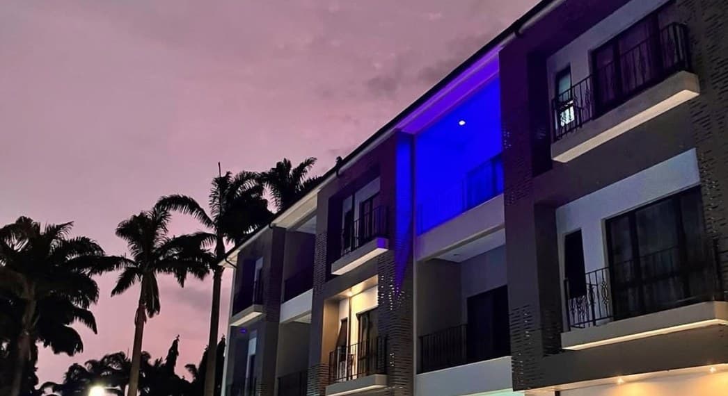 Completed building with external architectural illumination